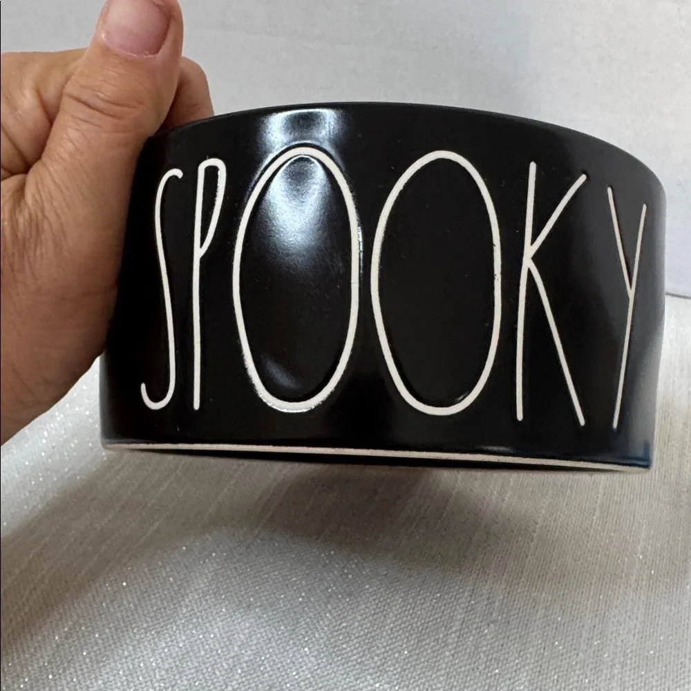 Rae Dunn 2 pet bowls set “paws off” & “spooky” white and black 6x6x1.5” NWOT